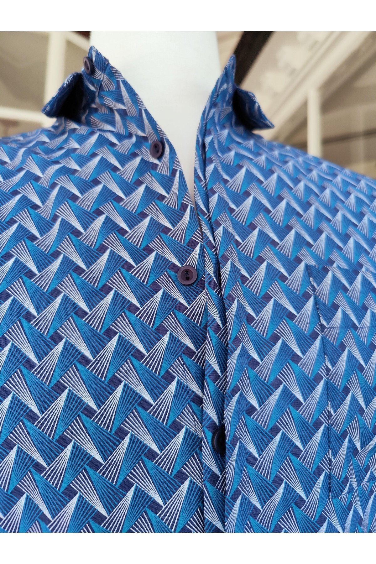 Men's Patterned Blue Button-up Shirt - stok.