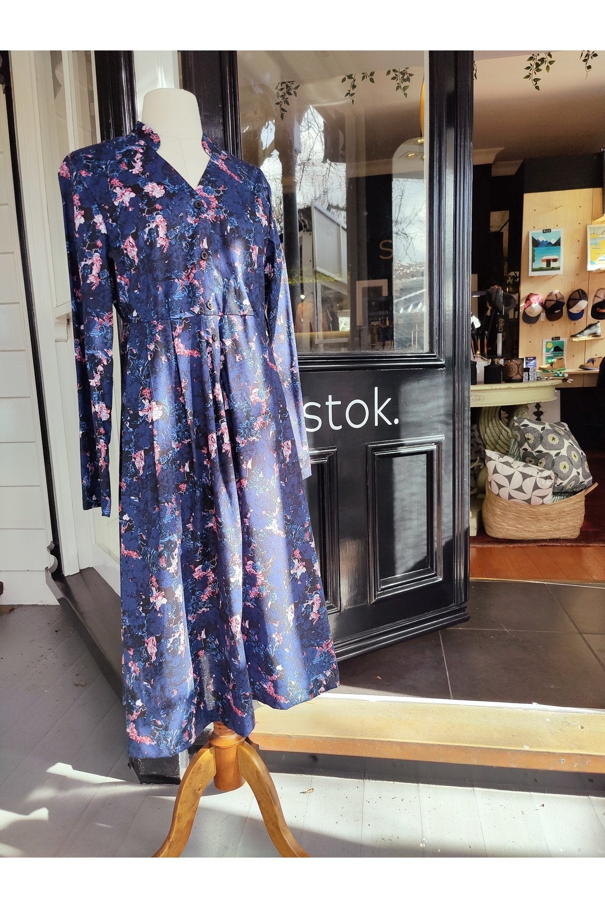 Blue & Black Botanical Long Sleeve Dress