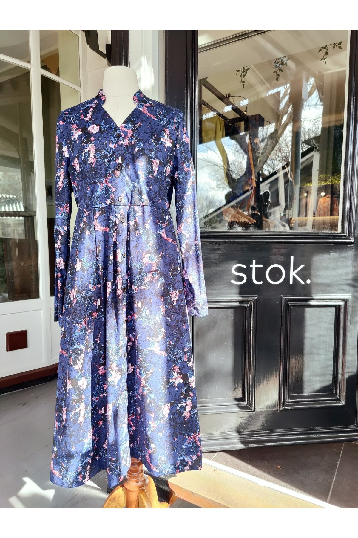 Blue & Black Botanical Long Sleeve Dress