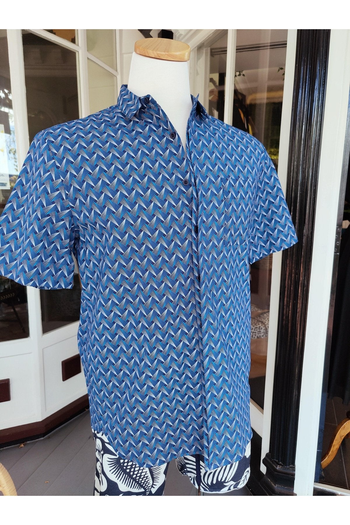 Men's Patterned Blue Button-up Shirt - stok.