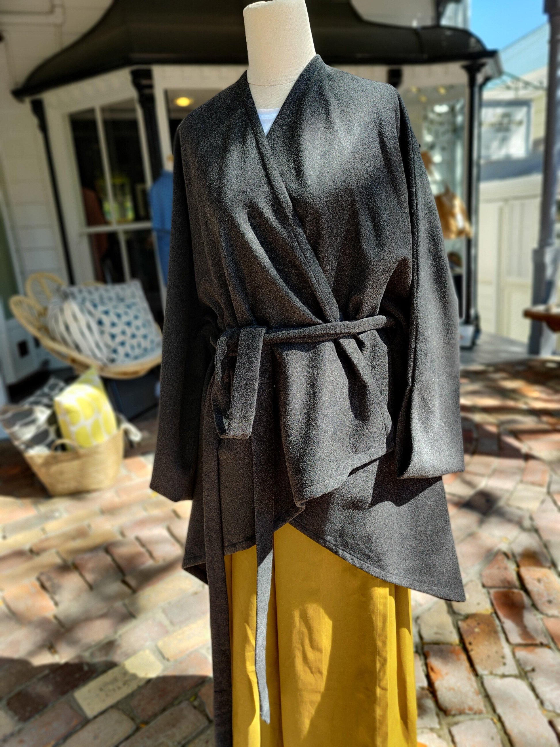 short grey melton wrap coat