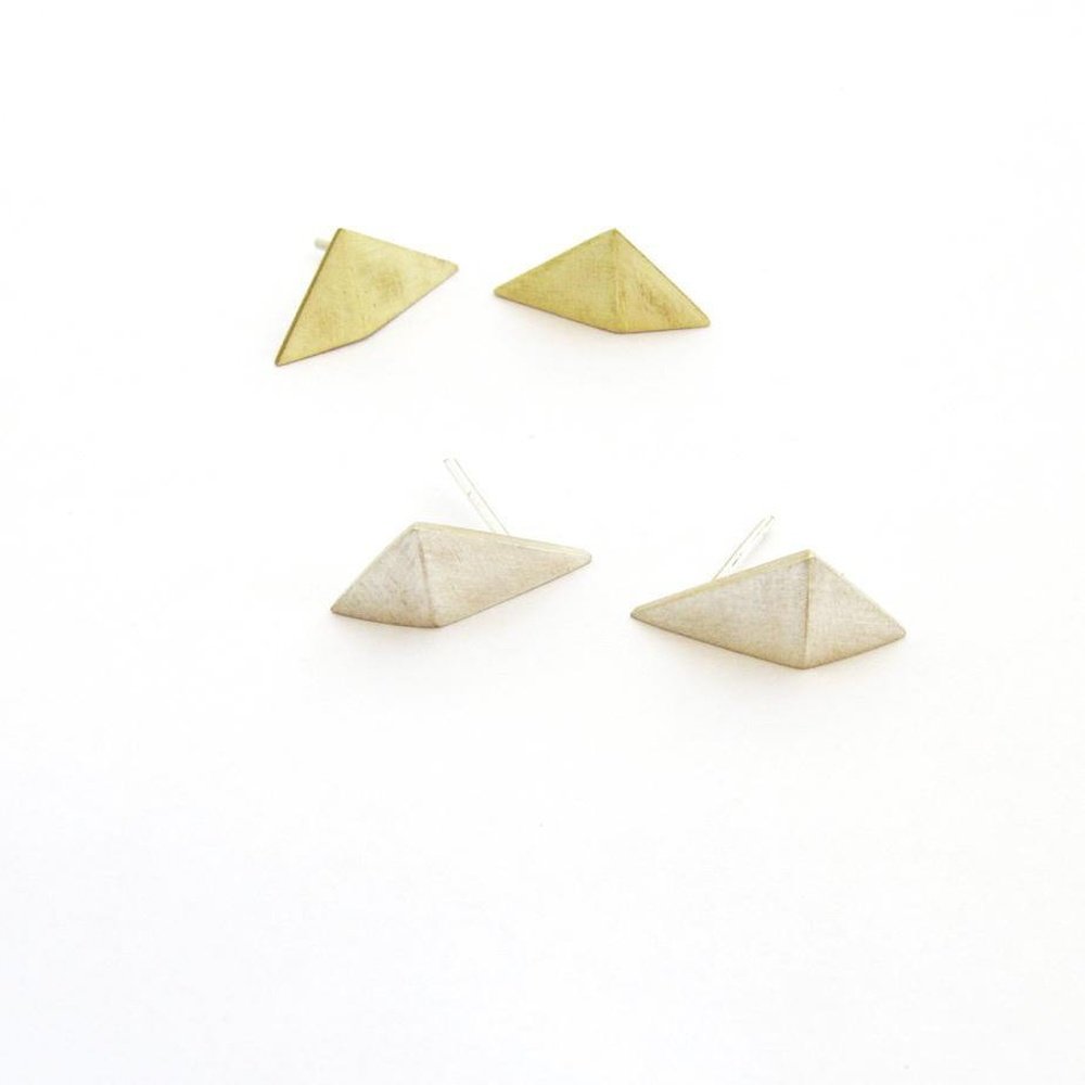 Folded Triangle Drop Earring Studs in Brass or Silver - stok.